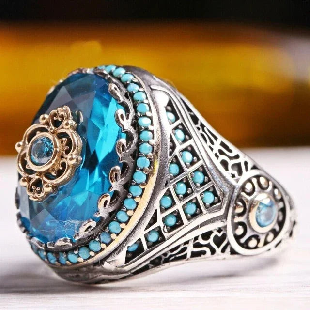 خاتم رجالي فاخر مرصع بالزمرد، خاتم ياقوت أزرق، جوهرة استبدادية، مناسب لحضور حفلات الولائم، مجوهرات الأعمال