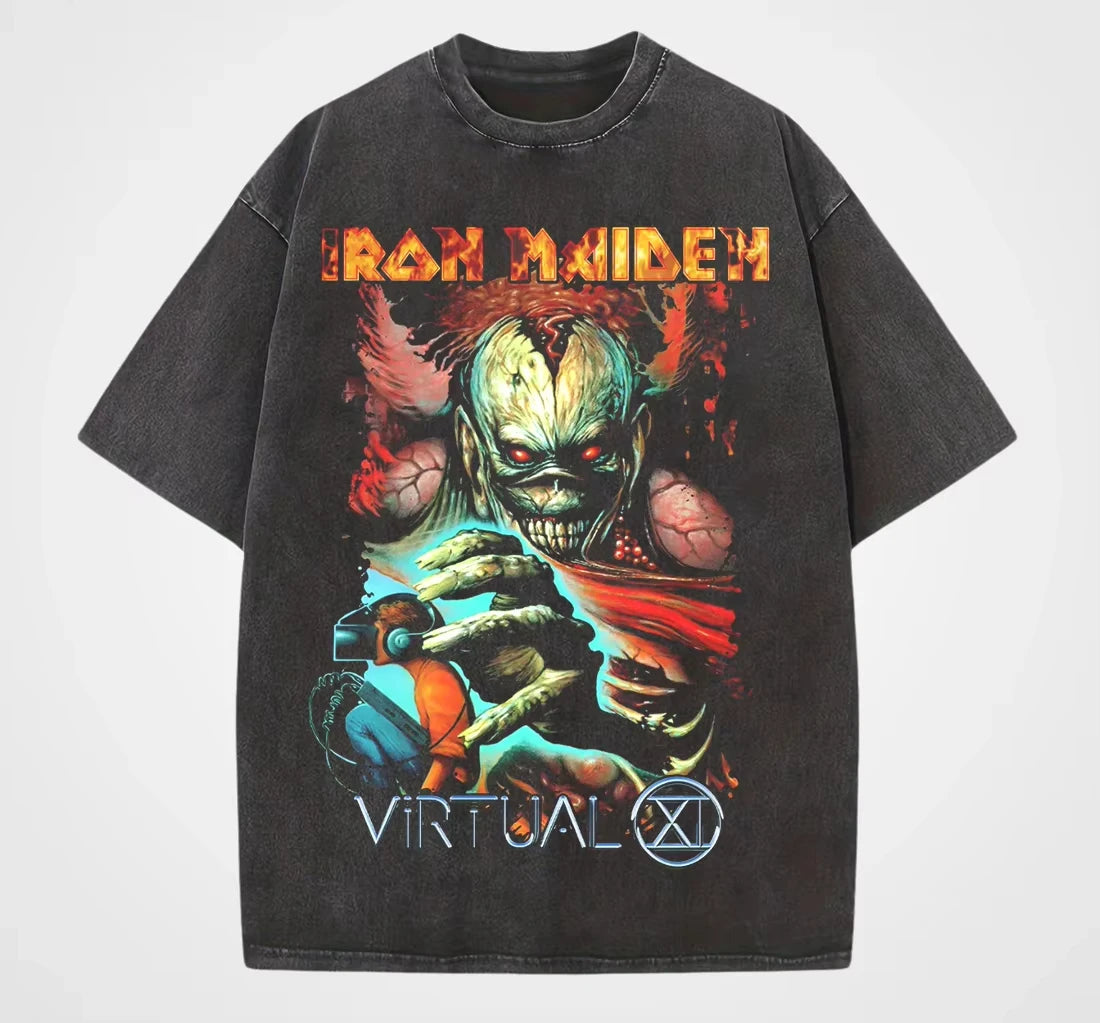 تي شيرت رجالي ونسائي عتيق من LRON Maiden Iron Lady Rock Washed بتصميم هيب هوب أمريكي عتيق بأكمام قصيرة ونصف عصرية