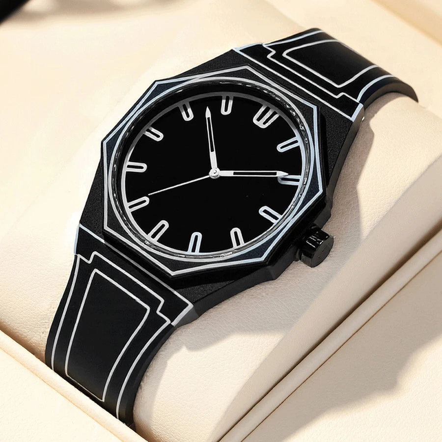 ساعة يد نسائية فاخرة كوارتز بسوار سيليكون ناعم، مقاومة للماء، بتصميم عصري بسيط مستوحى من القصص المصورة، باللونين الأسود والأبيض