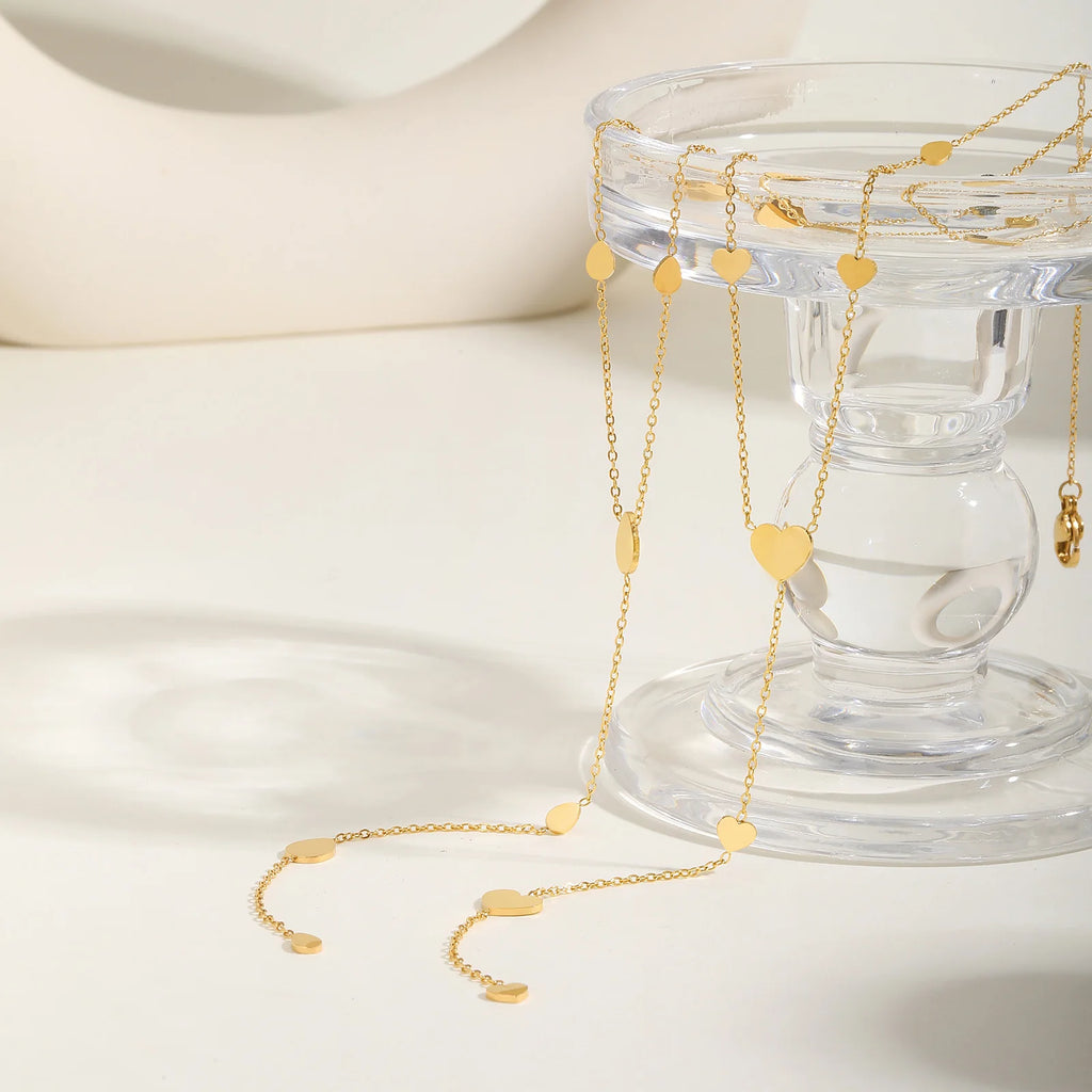 Heart Drop Lariat Chain Necklace For Women, Y Shape Long Chain Stainlss Steel 18K Gold Color  Layered Jewelry