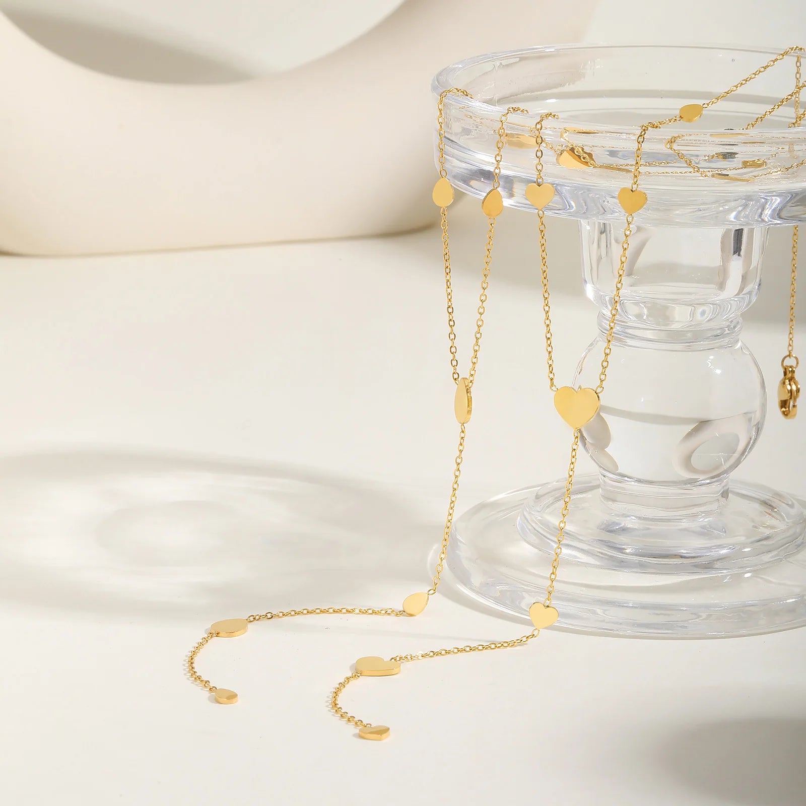 Heart Drop Lariat Chain Necklace For Women, Y Shape Long Chain Stainlss Steel 18K Gold Color  Layered Jewelry