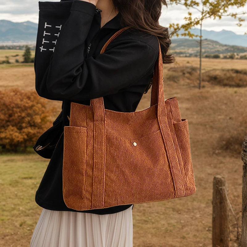 حقيبة نسائية كلاسيكية من قماش الكوردروي، ذات سعة كبيرة وجيوب متعددة، حقيبة كتف، حقيبة يد نسائية بسيطة وأنيقة للتسوق