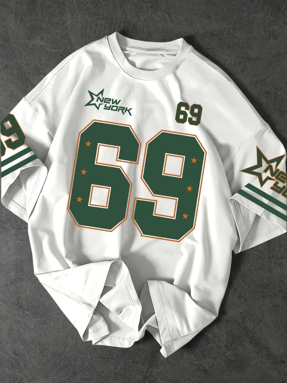 تي شيرت رجالي كاجوال فضفاض بأكمام قصيرة مطبوع عليه رقم 69 من نيويورك فاشن مع نجوم، تي شيرت مريح للكتف، ملابس رجالية