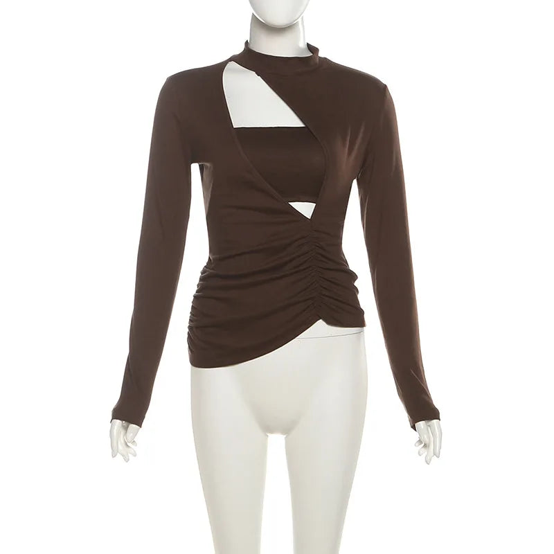 تيشيرتات SylCue بتصميم مجوف غير منتظم للنساء، موضة الخريف، تيشيرتات أنبوبية + تيشيرتات Casyal أنيقة بياقة مدورة وأكمام طويلة، بتصميم ضيق ومرن