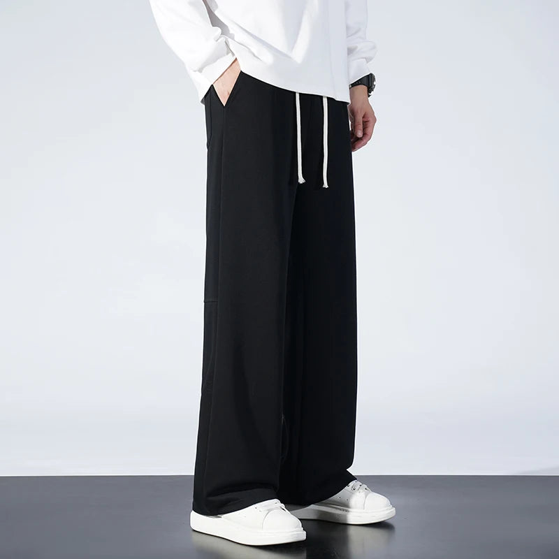 Autumn Men Sweatpants Fashion Splicing Pants Drawstring Wide Leg Neutral Straight Track Pants Cotton Loose Casual Trousers