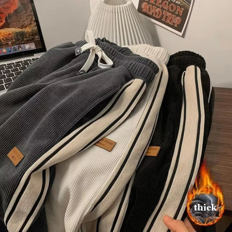 Corduroy Men Casual Sweatpants Straight Thick Wide Leg Pants Autumn Winter Streetwear Outdoor Sports Work Joggers Trousers Male