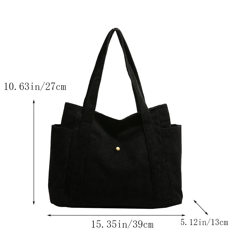 حقيبة نسائية كلاسيكية من قماش الكوردروي، ذات سعة كبيرة وجيوب متعددة، حقيبة كتف، حقيبة يد نسائية بسيطة وأنيقة للتسوق