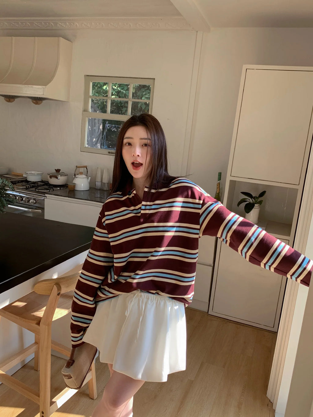 قمصان بولو صيفية للنساء بأكمام طويلة وقميص قصير بخطوط خضراء متعددة الألوان، قمصان بولو نسائية كاجوال مخططة باللون البني للخريف