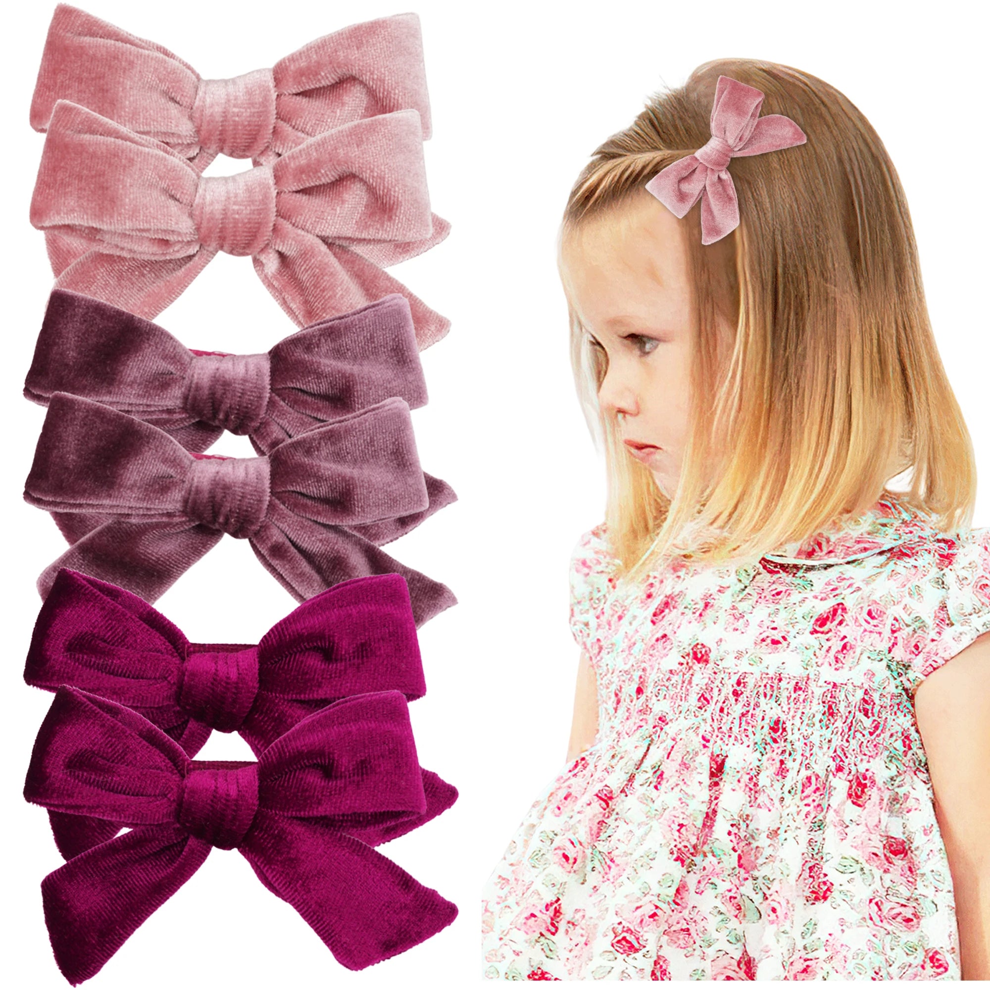 ٦ قطع/٣ أزواج من مشابك شعر مخملية على شكل فيونكات شعر للبنات الصغيرات، فيونكات شعر معدنية ٤ بوصة، مشابك شعر، إكسسوارات شعر للبنات الصغيرات