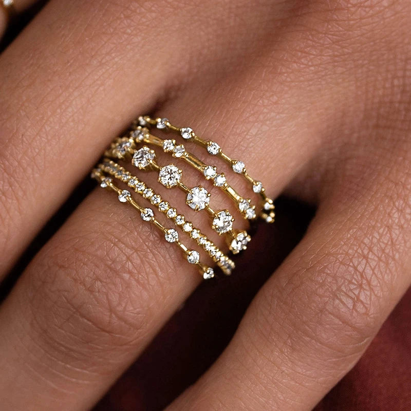 Huitan Multilayer Cubic Zirconia Women Rings New Luxury Wedding Band Accessories Gold Color Temperament Female Party Jewelry