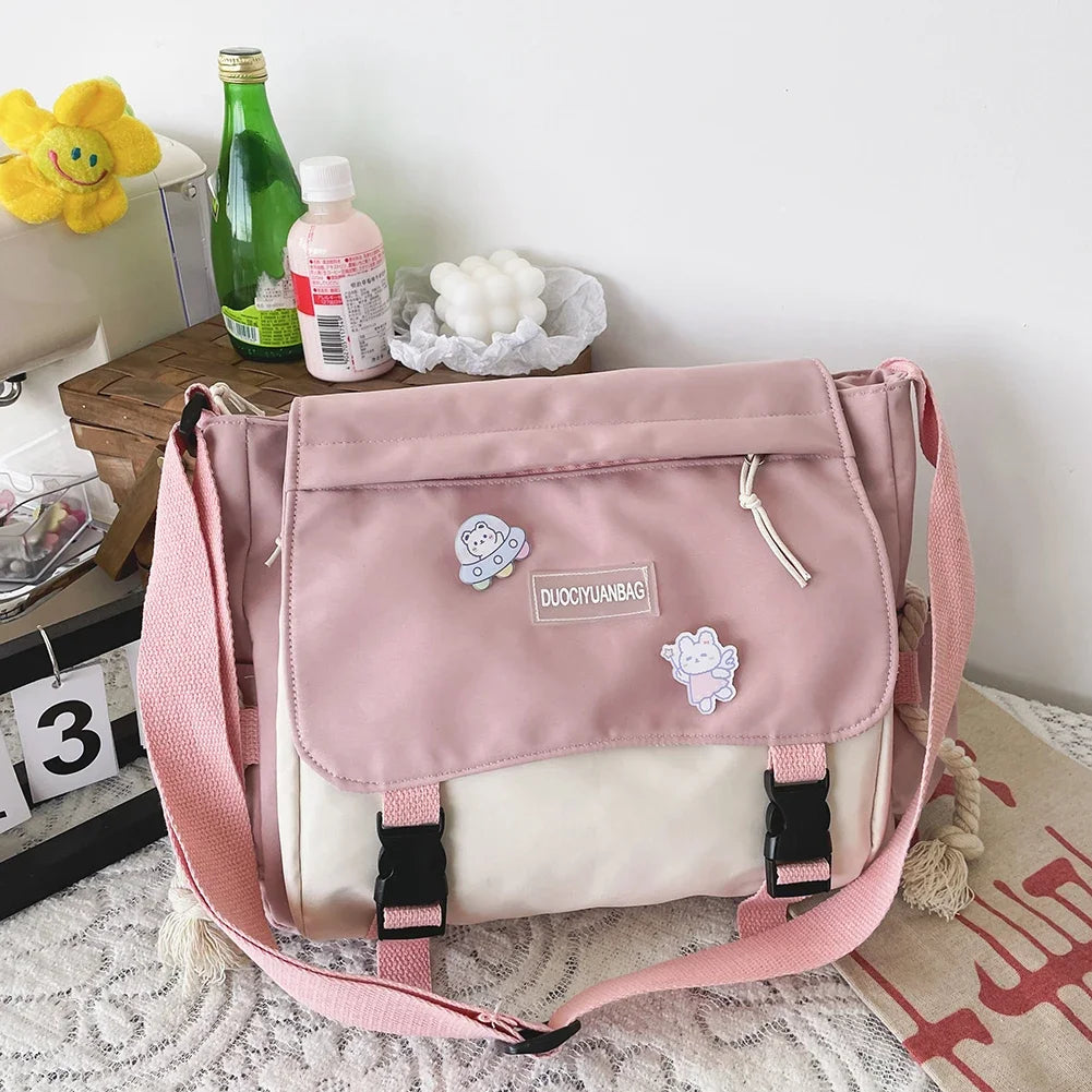 حقيبة كروس هاراجوكو نايلون كبيرة الحجم للنساء، حقيبة كتف كاجوال ملونة بسحاب للعمل والرياضات