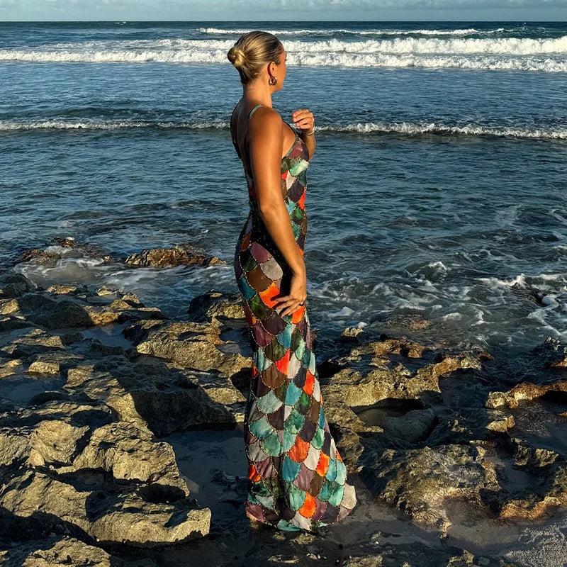 2025 Spring Summer Women Sexy Long Halter Dress Sleeveless Backless Hip Package Print Party Dresses Lady Shiny Robes New