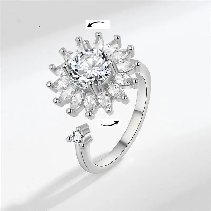 خاتم سبينر أنيق للنساء، متعدد الكريستالات على شكل زهرة عباد الشمس، خواتم أصابع دوارة مضادة للتوتر، هدية زفاف