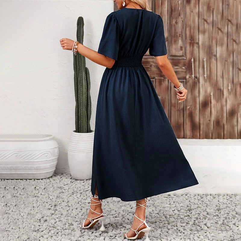 Women V-Neck Ruffled Short Sleeve Dress Elegant Elastic Waist Split Pleated Maxi Vestidos Beach Vocation Female Casual Long Robe