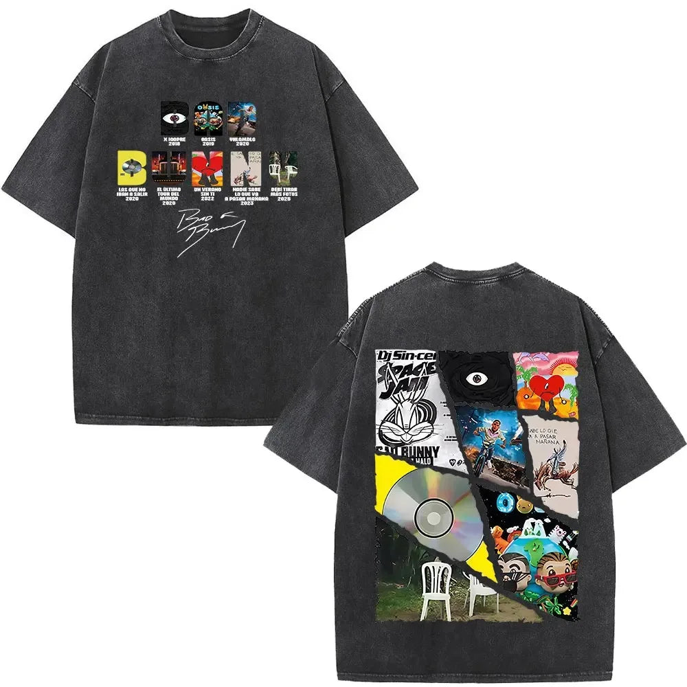 ألبوم Bad Bunny كبير الحجم المغسول Debi Tirar Mas Fotos DTMF تي شيرت جرافيكي للرجال والنساء تي شيرت عتيق ملابس الهيب هوب والشارع