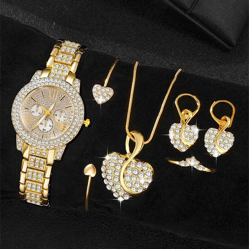 Women's Quartz Watch Gold Luxury Women Ring Necklace Earring Rhinestone Fashion Wristwatch Casual Ladies Watches Jewelry