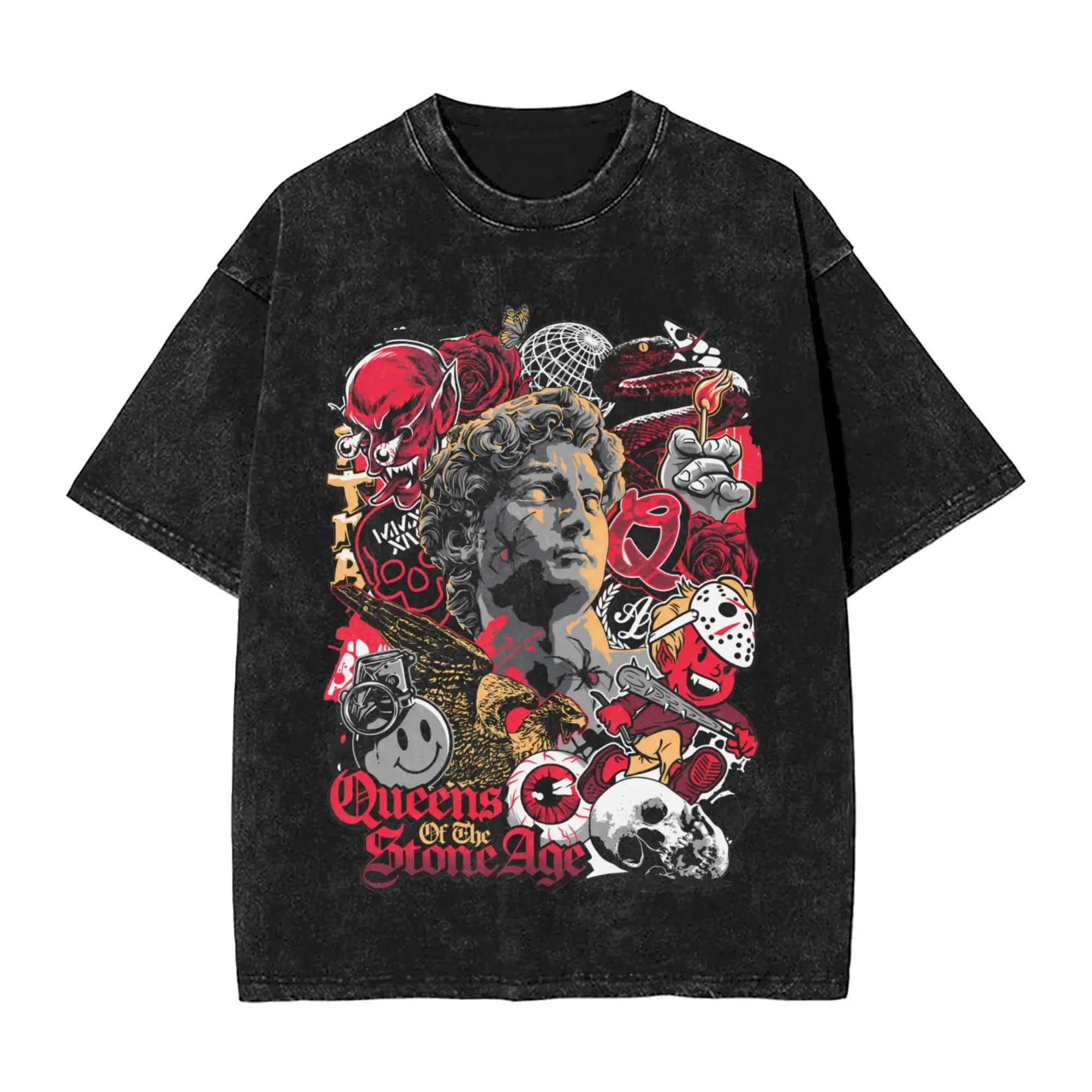 تي شيرت رجالي من فرقة ملكة العصر الحجري، تي شيرتات فكاهية مغسولة، تي شيرت بأكمام قصيرة وياقة مستديرة، تي شيرت قطني خالص، ملابس هدايا
