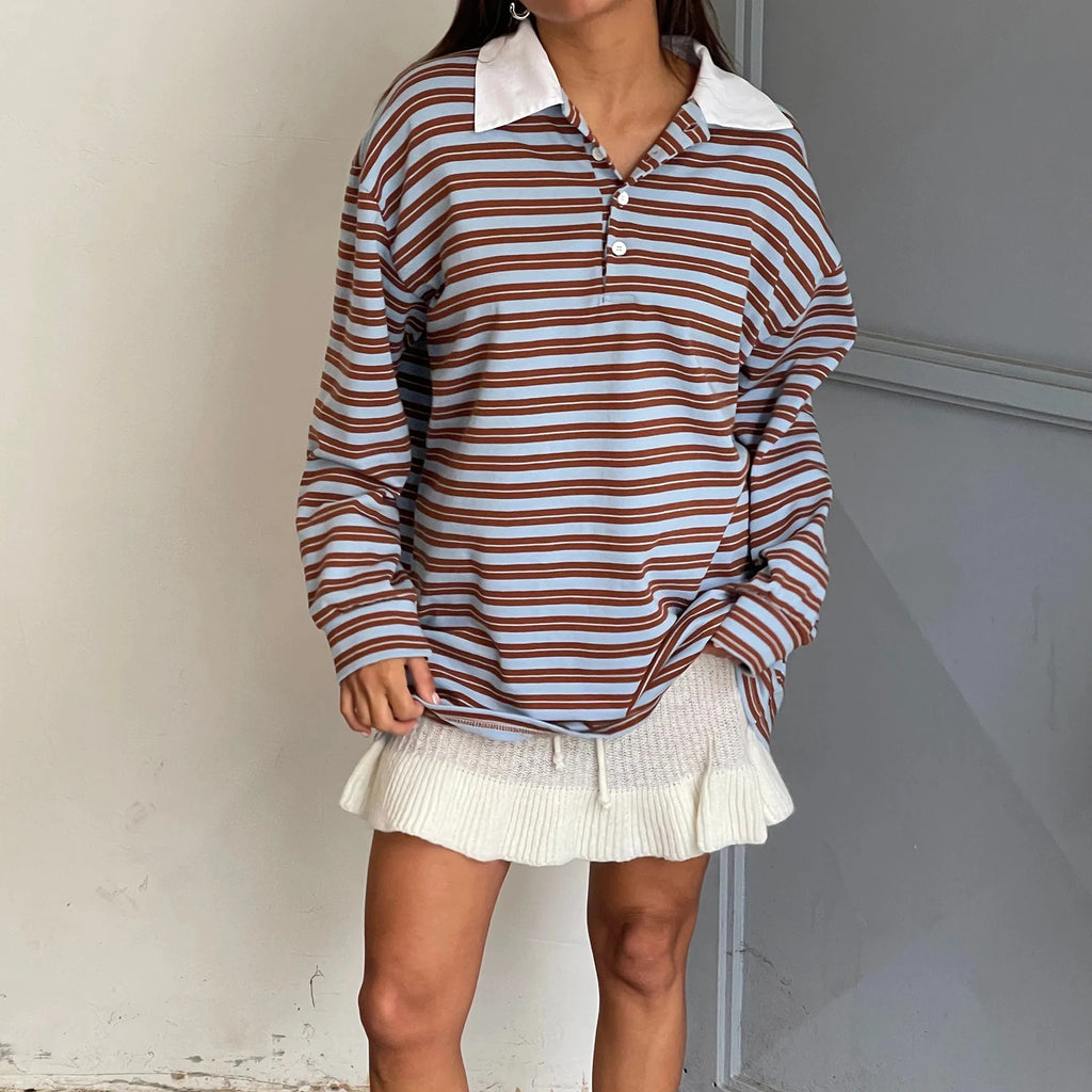 تيشيرت نسائي جديد بأكمام طويلة وياقة مطوية مخططة، مناسب لفصل الخريف، ملابس عصرية للاستخدام اليومي، متوفر الآن بمقاسات SML