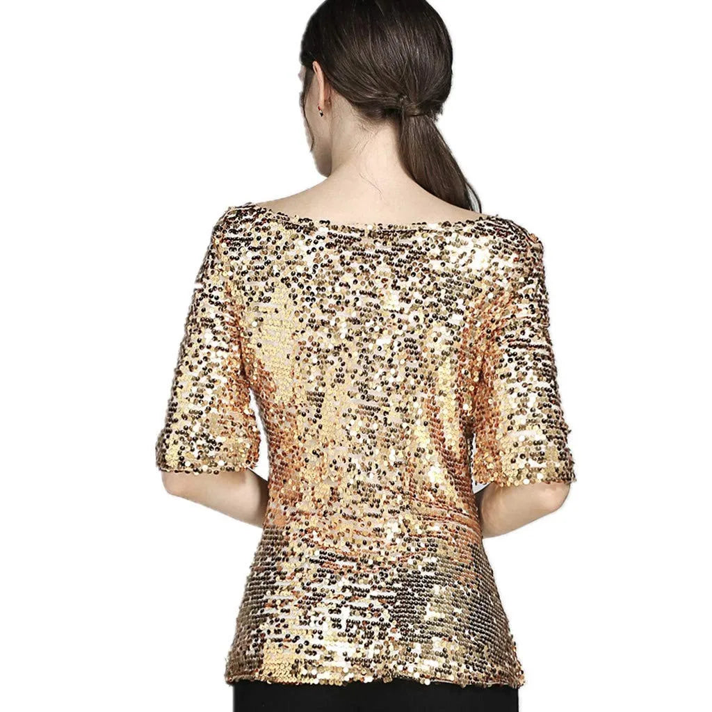 Women's Sequins T Shirts Solid Color Round Neck Shirts Short Sleeve Sparking Blouse Ladies Fashion Casual Party Nightclub Tops