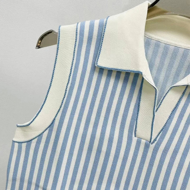 تي شيرت صيفي محبوك 2024 للنساء، مقصوص مخطط، بدون أكمام، بياقة بولو، تي شيرتات متباينة، ملابس فاخرة من العلامات التجارية