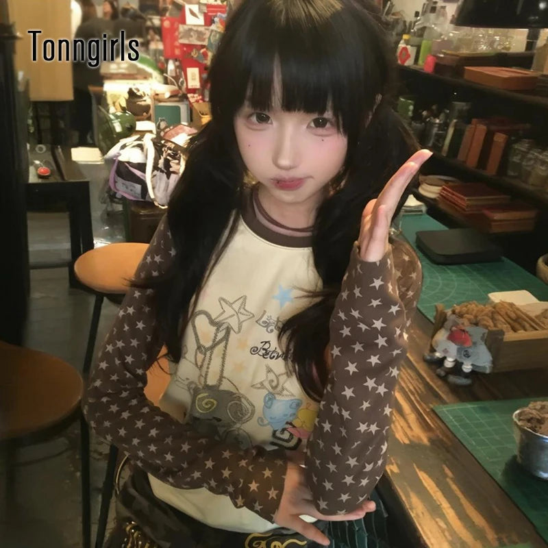 تي شيرت نسائي من Tonngirls بطبعة هاراجوكو ورسومات كرتونية بأكمام طويلة ورسومات مرقعة وقمصان كلاسيكية من عام 2000 وقمصان جمالية من Egirl