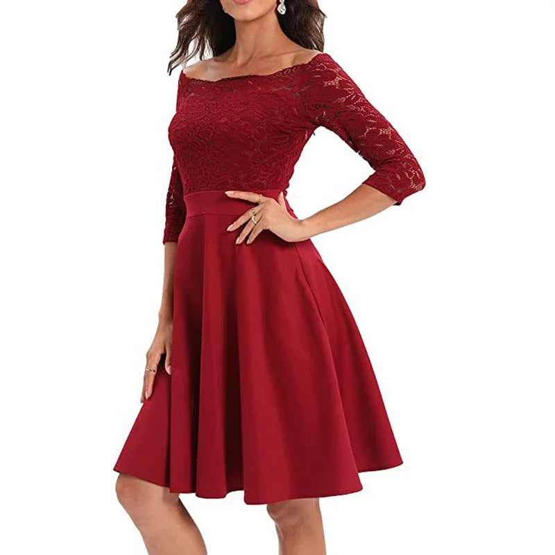 Women Elegant Wedding Bridesmaid Dinner Dress Sexy Lace Off Shoulder Party Dresses Solid Color Half Sleeve Evening Gown Vestido