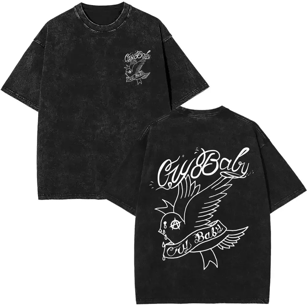2025 مغني الراب ليل بيب ألبوم موسيقى Bear Crybaby Vintage Washed T Shirts للرجال والنساء هيب هوب فضفاضة بأكمام قصيرة تي شيرتات الشارع