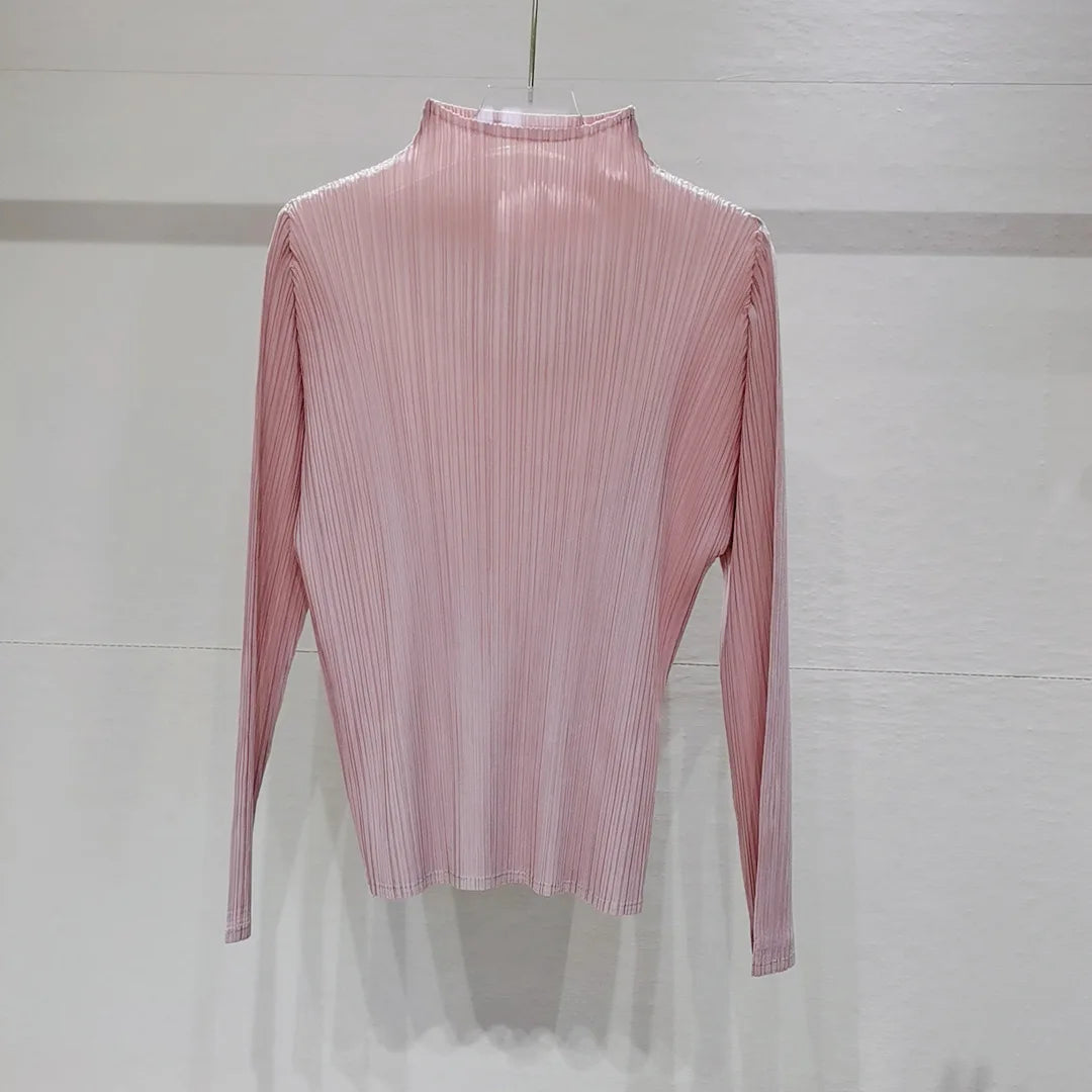 Miyake Pleated T-Shirt Woman Stand Collar Solid Color Loose Wild Full Sleeve Pullover Tops Causal Style Over Size Fall 2022 New