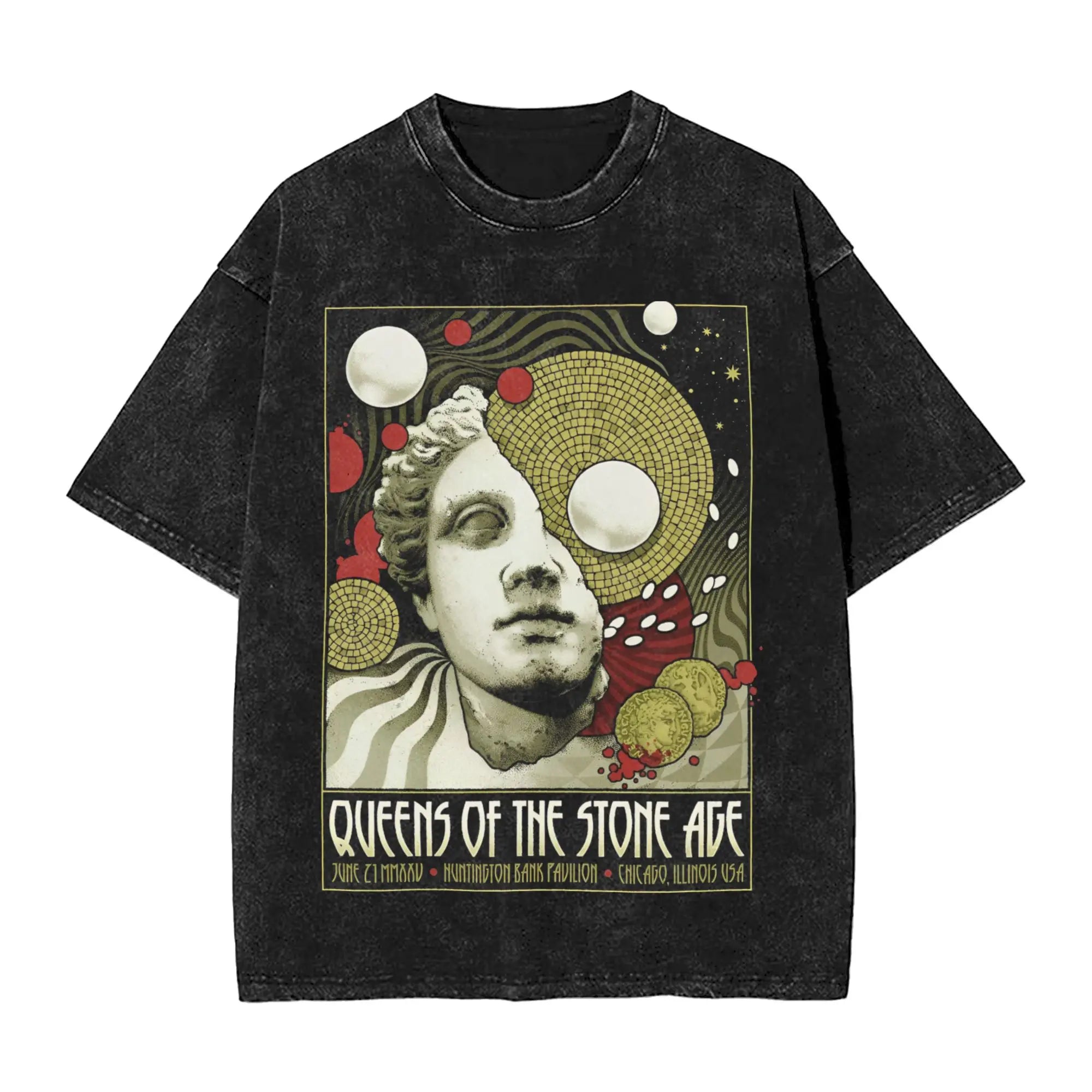 تي شيرت رجالي من فرقة ملكة العصر الحجري، تي شيرتات فكاهية مغسولة، تي شيرت بأكمام قصيرة وياقة مستديرة، تي شيرت قطني خالص، ملابس هدايا