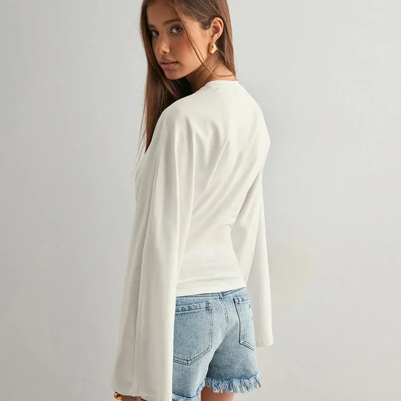 بلوزة قصيرة نسائية بأكمام طويلة بلون سادة ورقبة مستديرة وأكتاف أمامية وأكمام طويلة واسعة وخصر مشدود وقميص قصير نحيف وبسيط غير رسمي