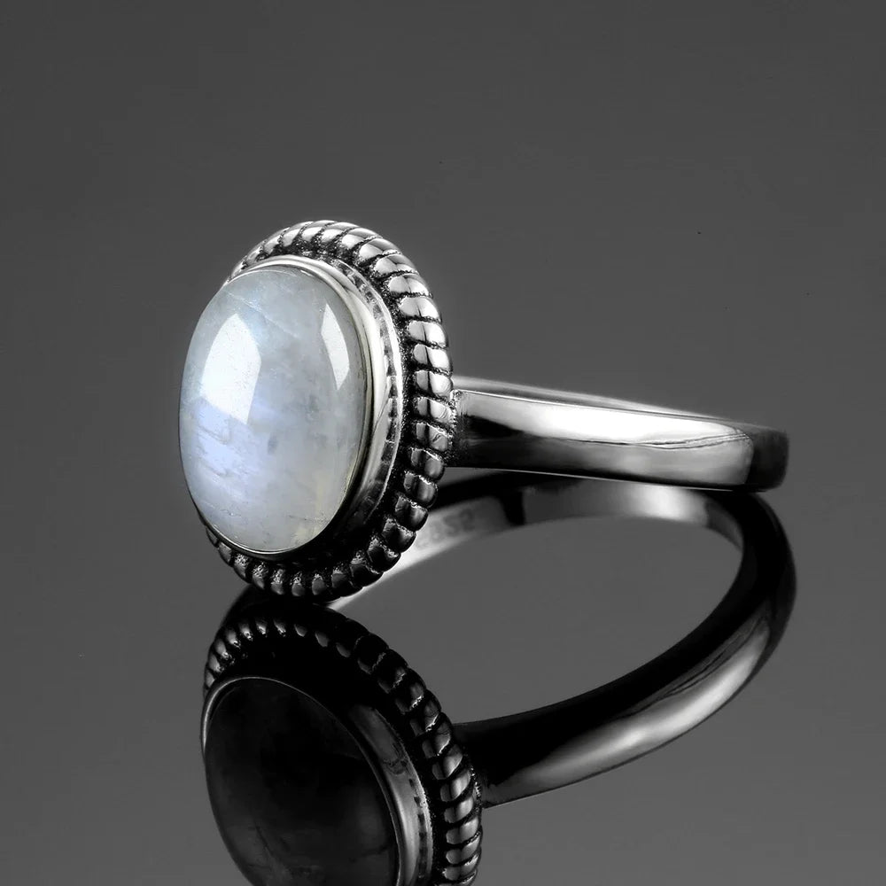 Round Oval Big Natural Moonstones Rings Women's S925 Silver Rings Gifts Vintage Fine Jewelry