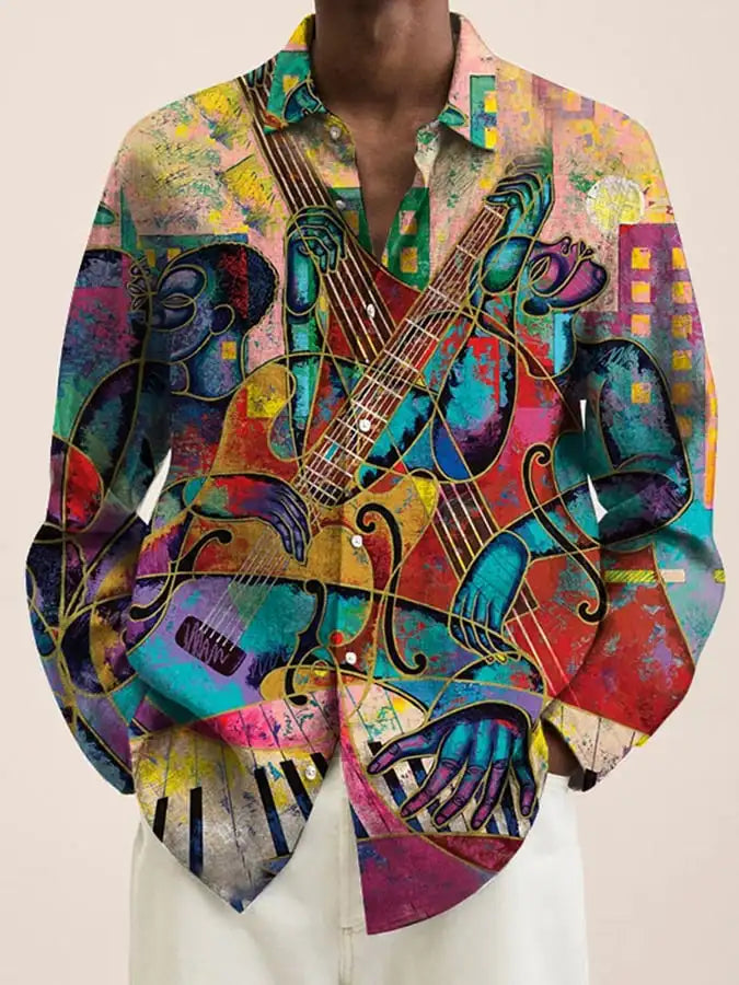 قميص رجالي جديد لعام 2024، مطبوع عليه رسومات فنية ثلاثية الأبعاد، بصف أزرار واحد وأكمام طويلة، قميص كاجوال بياقة فضفاضة وأكمام طويلة