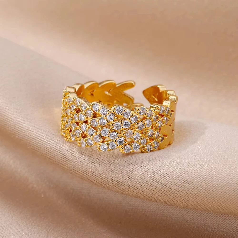 خاتم مفتوح على شكل قلب من الفولاذ المقاوم للصدأ بلون ذهبي، مزين بحجر اليشم المقلد، قابل للتعديل، هدية مجوهرات أنيقة للنساء