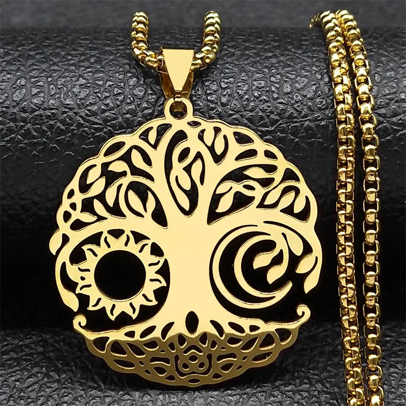 Aesthetic Tree of Life Love Heart Necklace for Women Men Stainless Steel Gold Color Lucky Amulet Chain Jewelry collar NZZZ529S02