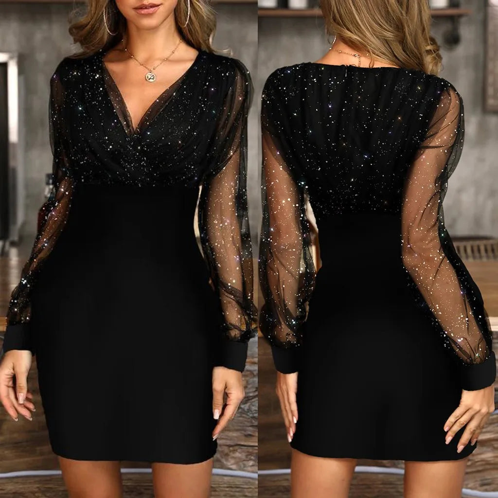 Ladies' Sexy Retro Elegant Mesh Long Sleeve Evening Short Dress Fashion Minimalism Slimming Sequins V-neck Party Mini Skirt