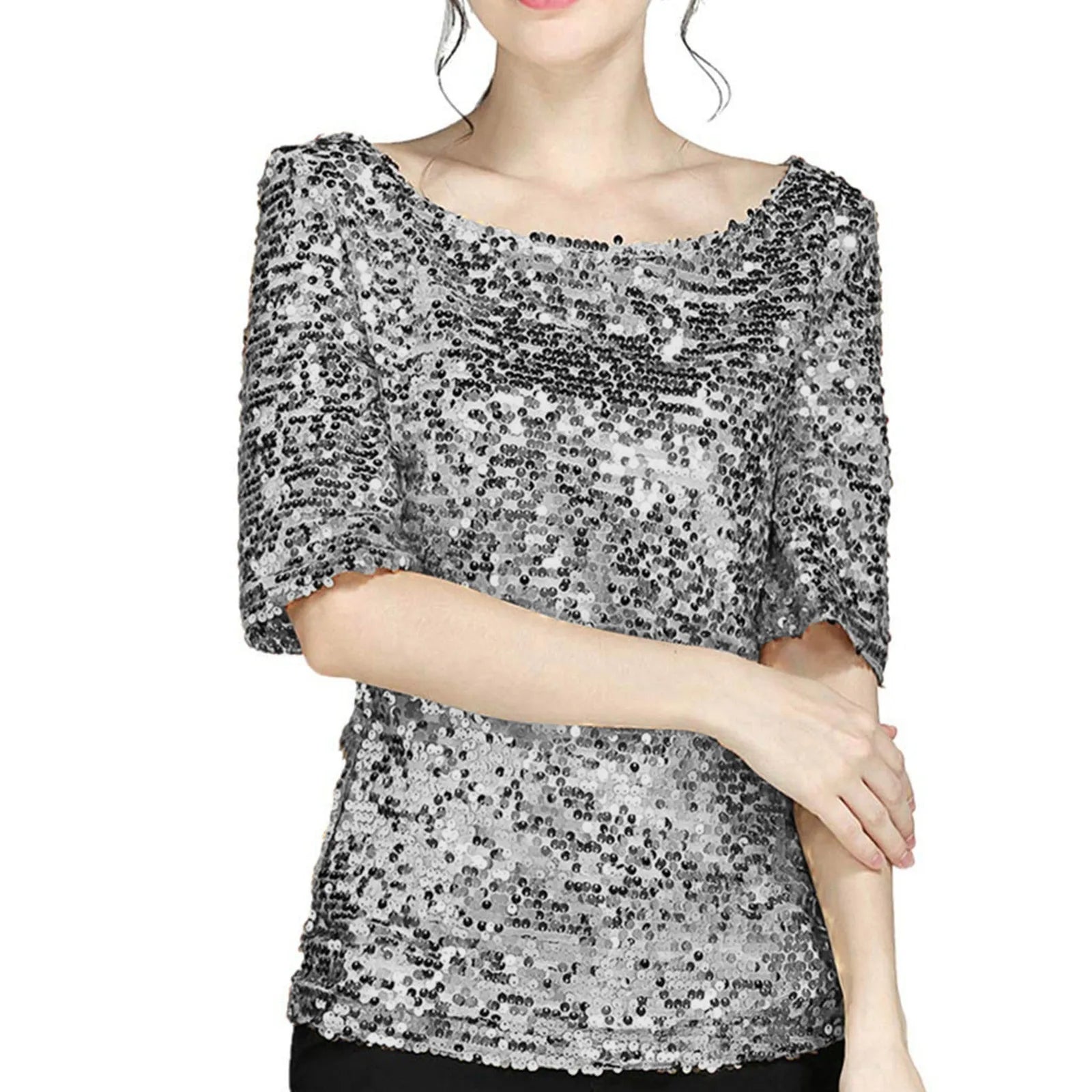 تي شيرتات نسائية مزينة بالترتر، بلون سادة، برقبة دائرية، وأكمام قصيرة، وبلوزة لامعة، أنيقة للسيدات، ومناسبة للحفلات غير الرسمية، والنوادي الليلية