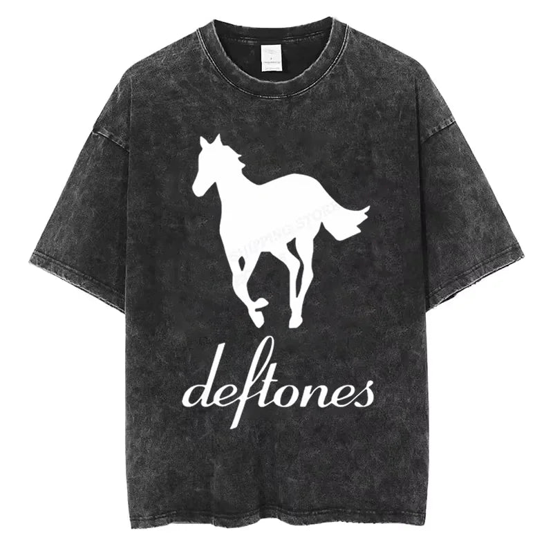 تي شيرت Ohms White Pony Deftones Rock Band للرجال والنساء تي شيرت عتيق مغسول Harajuku Gothic صيفي غير رسمي ملابس الشارع توب هيب هوب Y2K
