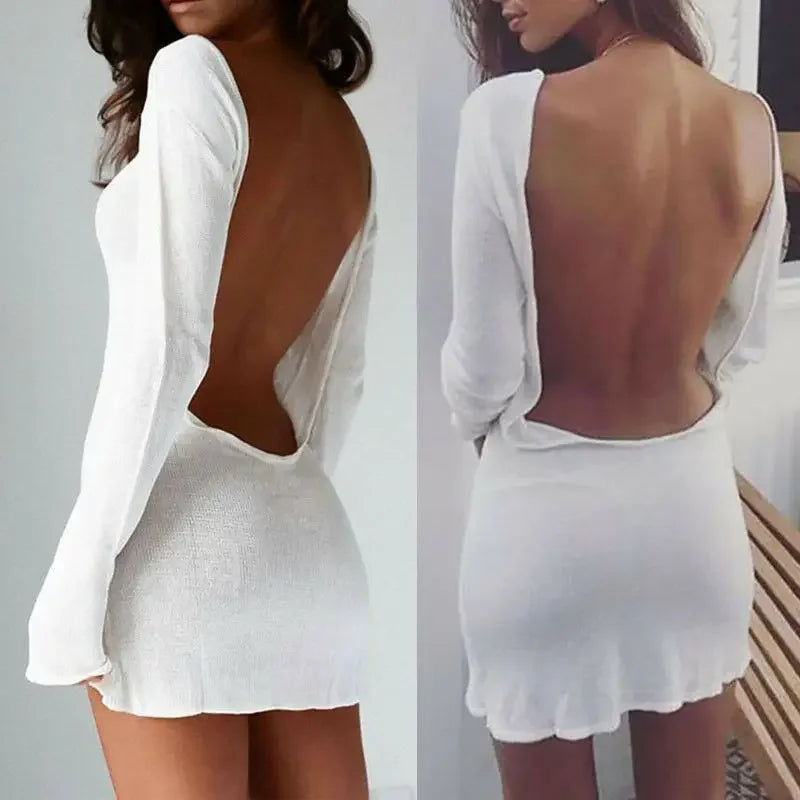 Sexy Backless White Evening Party Dress Women Elegant Long Sleeve Solid Color Loose Club Holiday Casual Mini Dress