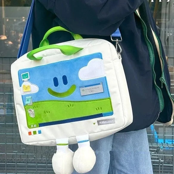 حقيبة كتف مرحة بتصميم وجه كرتوني مبتسم للطلاب، حقيبة كمبيوتر محمول مطرزة متعددة الاستخدامات ذات سعة كبيرة، حقيبة أنيقة وعملية تناسب جميع الإطلالات.
