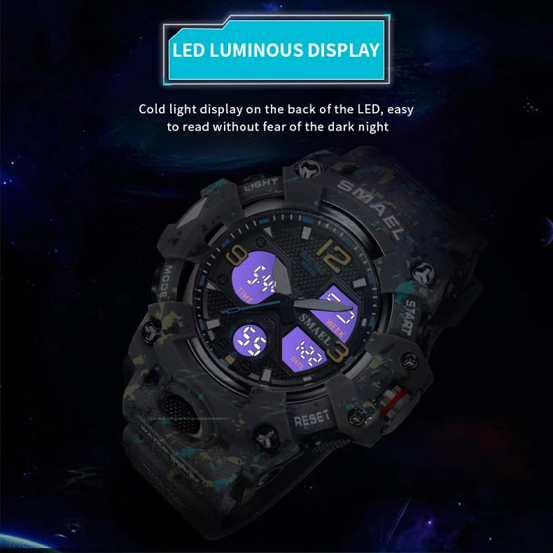 ساعة يد رياضية عسكرية للرجال من SMAEL بتصميم مموه مقاومة للماء ومنبه وساعة توقيت كوارتز مع عرض مزدوج للوقت