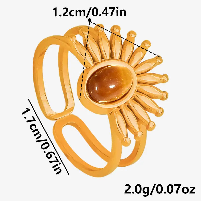 خاتم من حجر عين النمر الحقيقي على شكل قلب الشمس من الفولاذ المقاوم للصدأ، خواتم مفتوحة للنساء والرجال، إكسسوارات مجوهرات عتيقة مطلية بالذهب الحقيقي