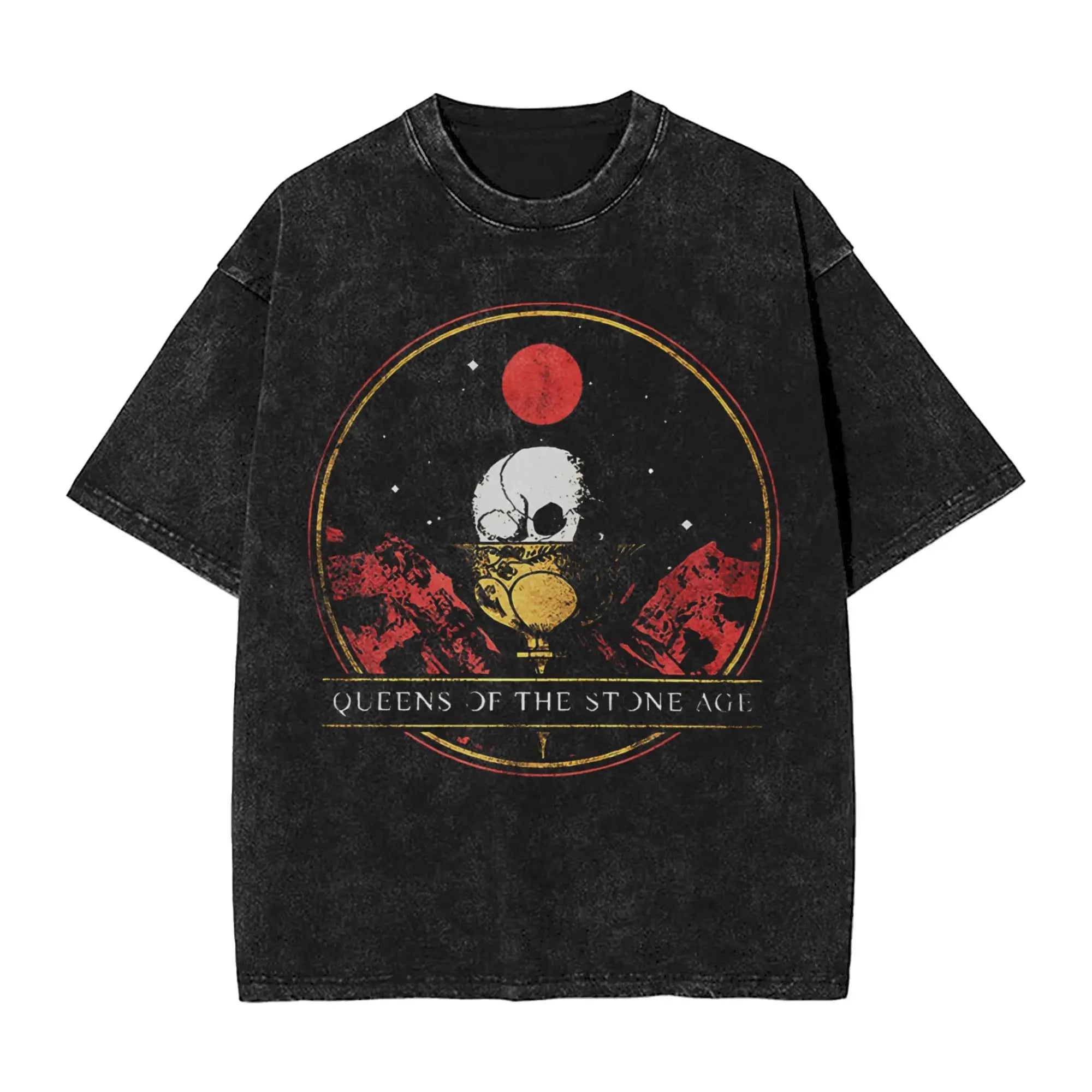 تي شيرت رجالي من فرقة ملكة العصر الحجري، تي شيرتات فكاهية مغسولة، تي شيرت بأكمام قصيرة وياقة مستديرة، تي شيرت قطني خالص، ملابس هدايا