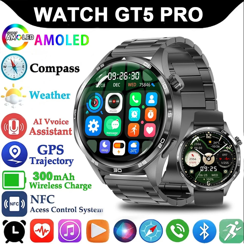 ساعة ذكية GT5 Pro GPS Track للرجال جديدة لعام 2025 بشاشة AMOLED 360*360 وNFC وBT ومضادة للماء ومراقبة الصحة للرجال ساعات ذكية تعمل بنظام IOS