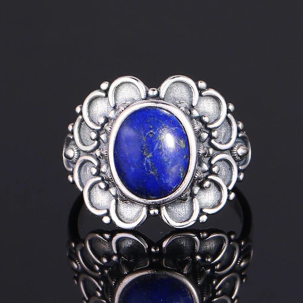 خاتم فضة عيار 925 مرصع بحجر اللازورد الطبيعي الكبير بيضاوي الشكل، مناسب للنساء والرجال، هدية مميزة، خاتم عتيق كبير الحجم، مجوهرات فاخرة بالجملة