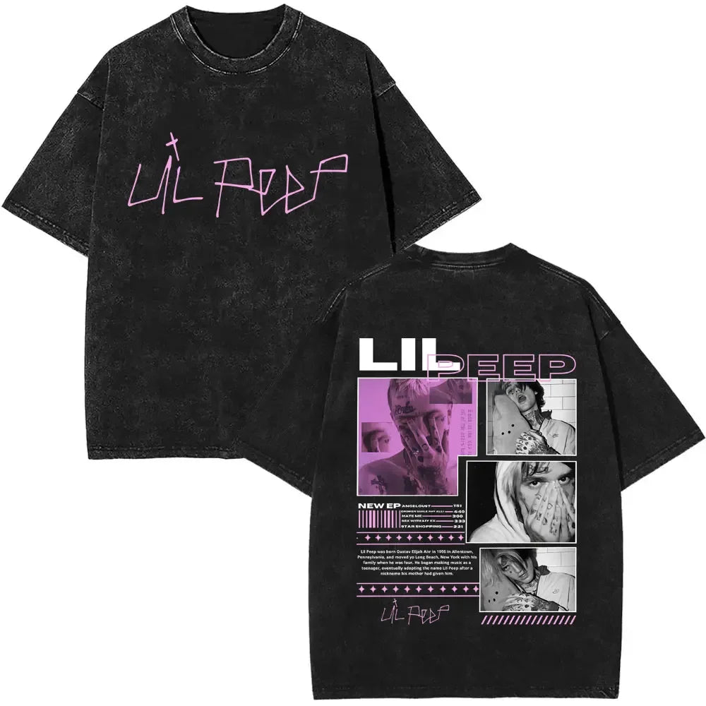 2025 مغني الراب ليل بيب ألبوم موسيقى Bear Crybaby Vintage Washed T Shirts للرجال والنساء هيب هوب فضفاضة بأكمام قصيرة تي شيرتات الشارع