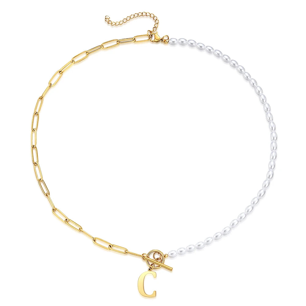 سلسلة مجوهرات جديدة من NIBA مصنوعة من الفولاذ المقاوم للصدأ باللون الذهبي والفضي على شكل حرف أبجدي مرصعة باللؤلؤ للنساء والأزياء النسائية