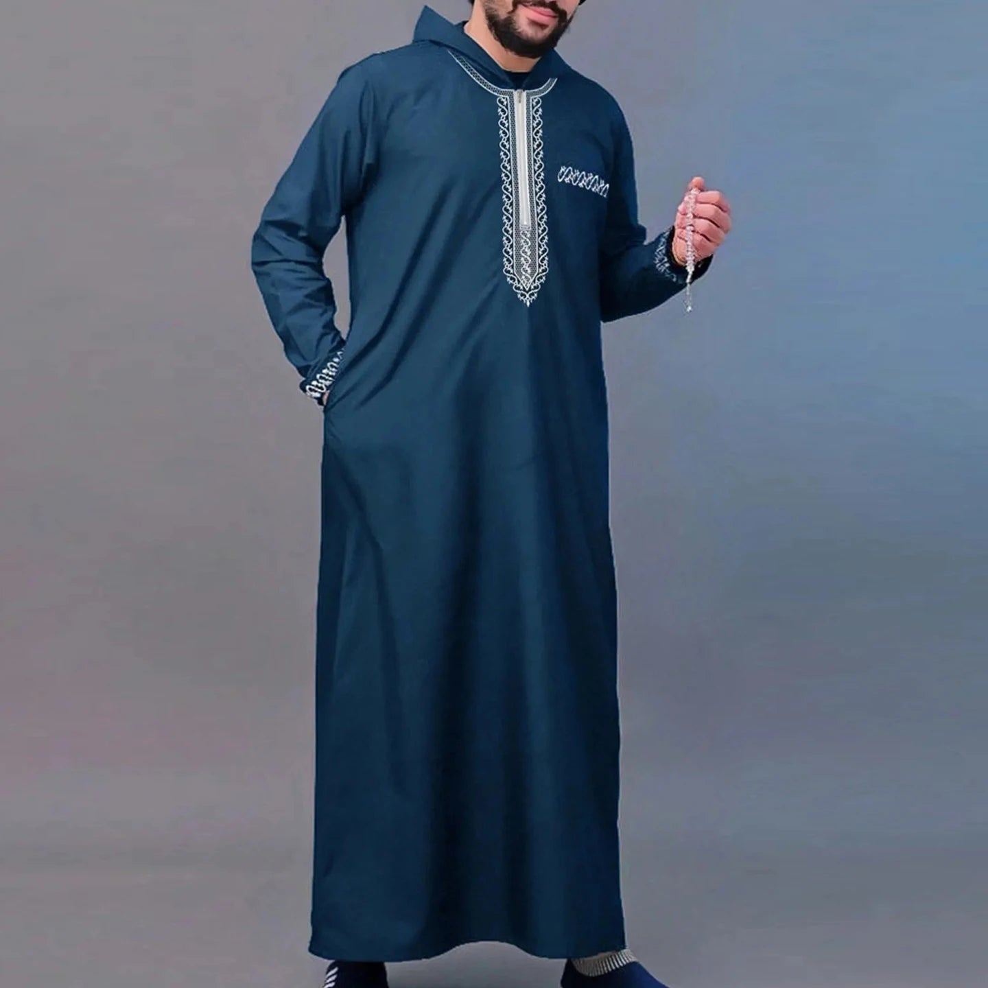 Men's Ethnic Pattern Embroidery Zipper Hooded Robe Traditional Long Sleeve Pocket Jubba Thobe for Daily Wear Man Islamic Thobe