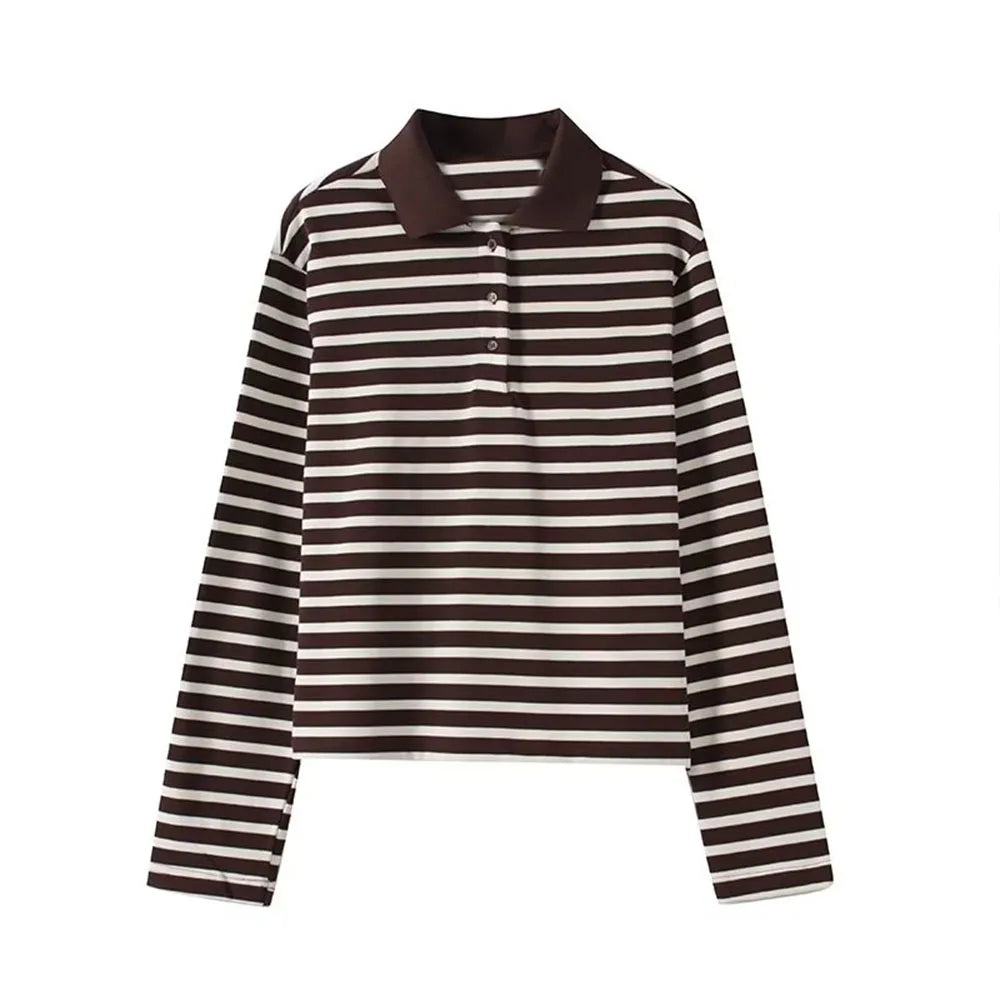 تي شيرت نسائي جديد مخطط بأكمام طويلة بتصميم أوروبي وأمريكي لخريف 2025، تي شيرت نسائي كاجوال بأكمام طويلة