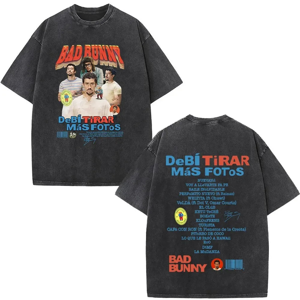 ألبوم Bad Bunny كبير الحجم المغسول Debi Tirar Mas Fotos DTMF تي شيرت جرافيكي للرجال والنساء تي شيرت عتيق ملابس الهيب هوب والشارع