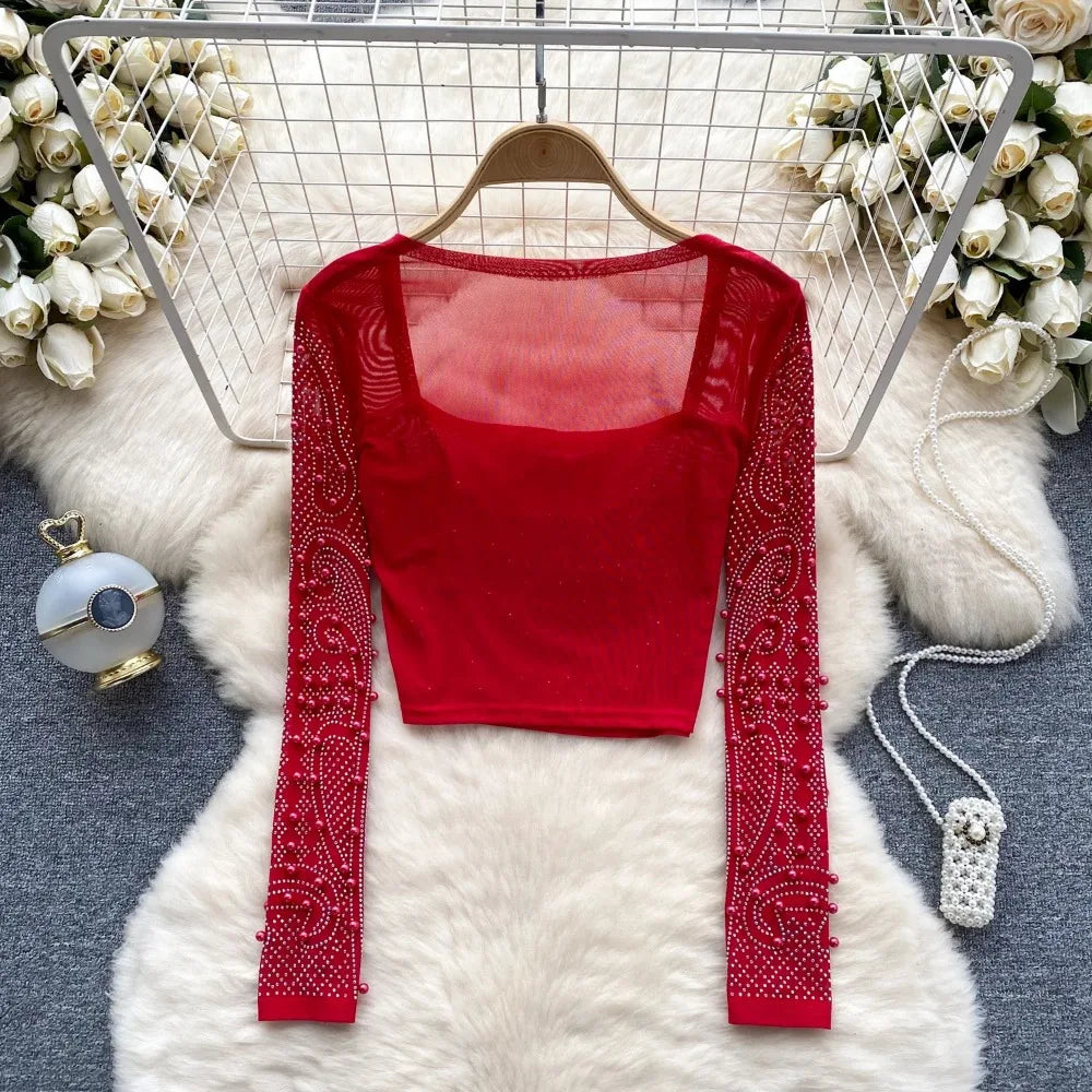 قميص نسائي أنيق بأكمام طويلة من حجر الراين، تي شيرت كوري أنيق، رقبة مربعة، مثير، أنيق